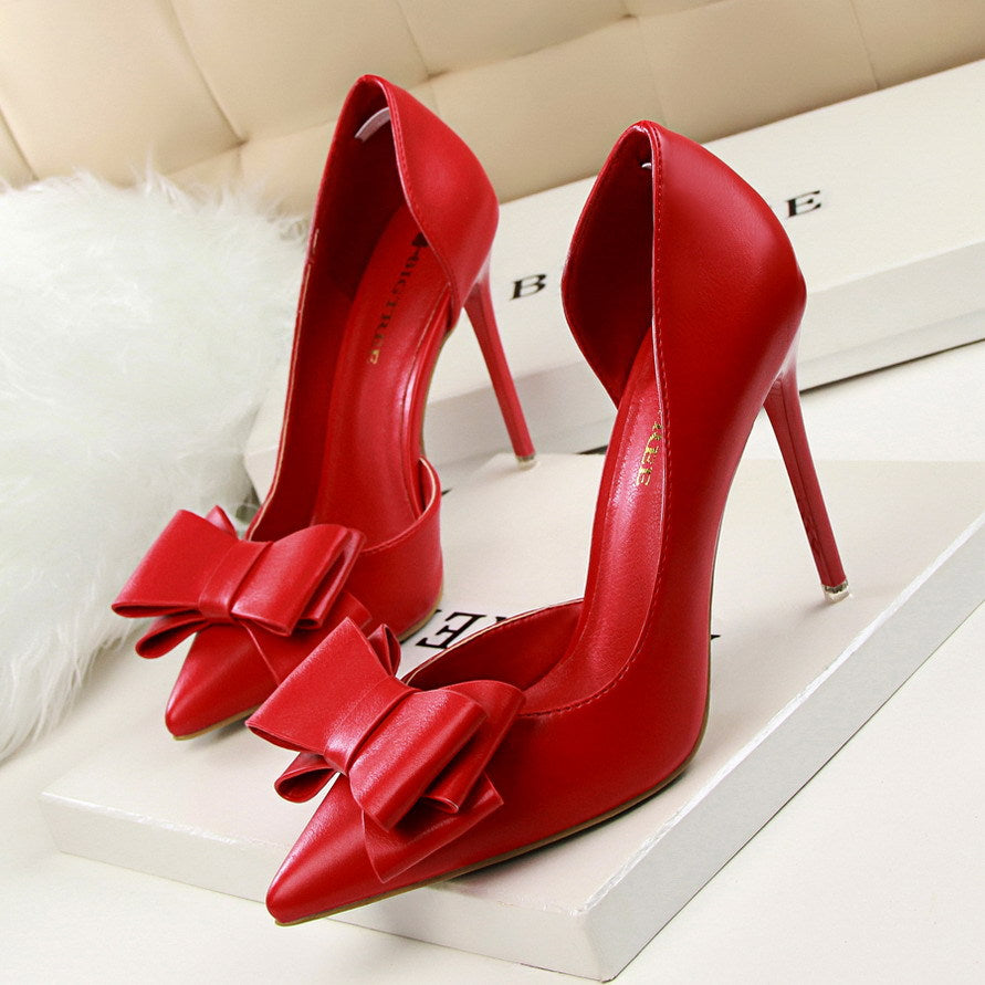 3168-2 Korean Fashion Delicate Sweet Bow High Heels Stiletto High Heels Shallow Mouth Pointed Side Hollow Single Shoes