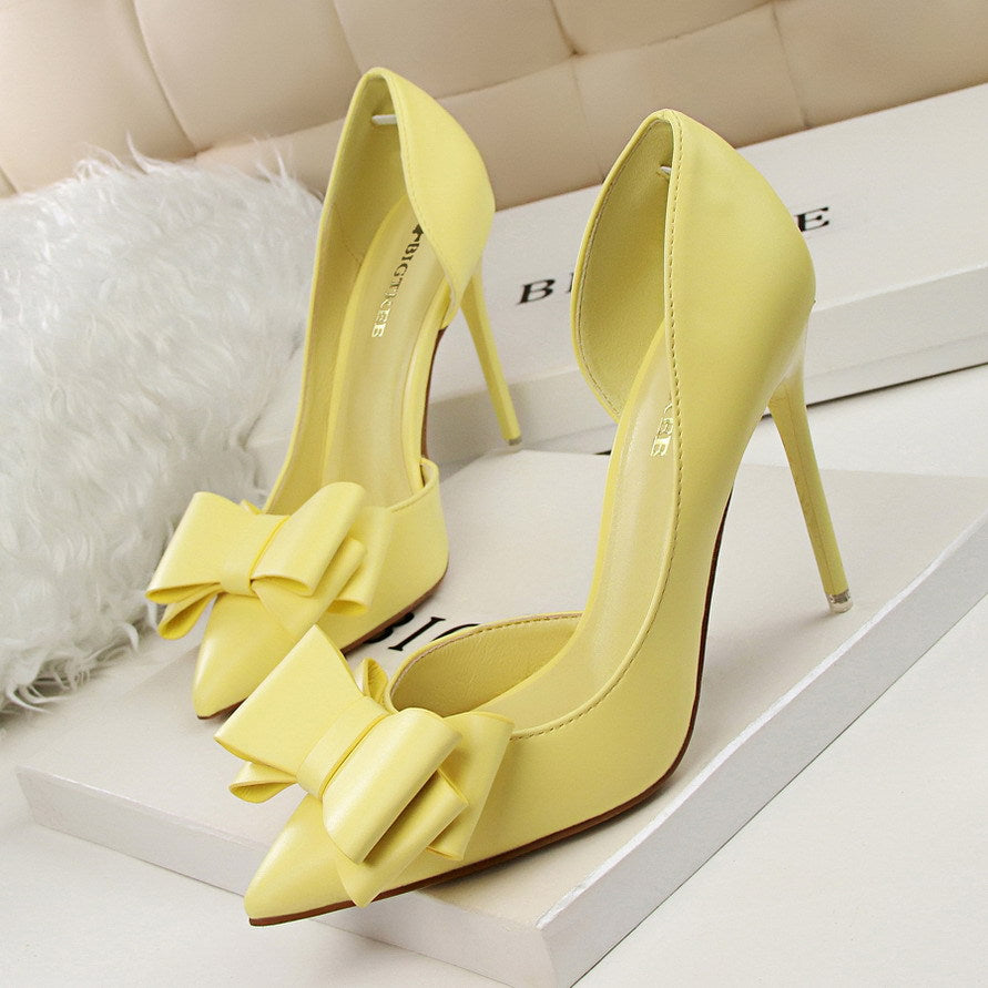 3168-2 Korean Fashion Delicate Sweet Bow High Heels Stiletto High Heels Shallow Mouth Pointed Side Hollow Single Shoes