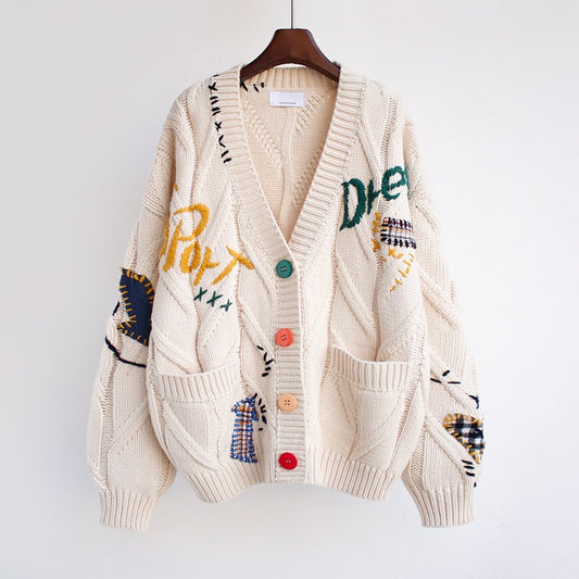 Embroidered Loose Knitted Cardigan