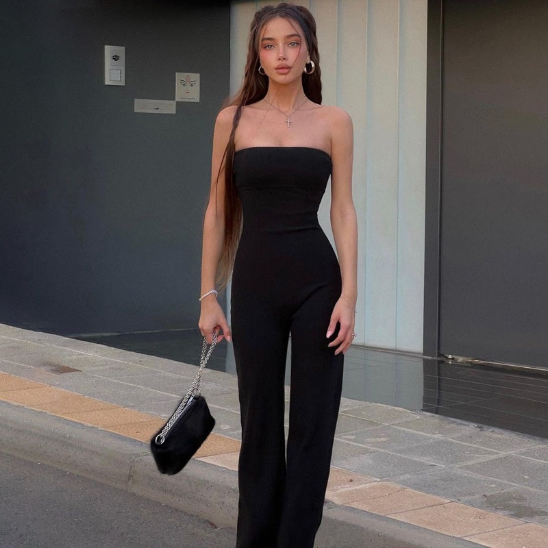 Elegant Slim-Fit Solid Color Strapless Jumpsuit