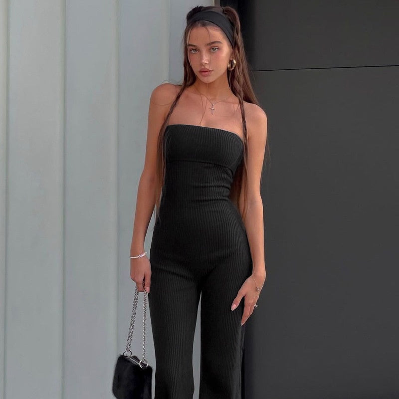 Elegant Slim-Fit Solid Color Strapless Jumpsuit