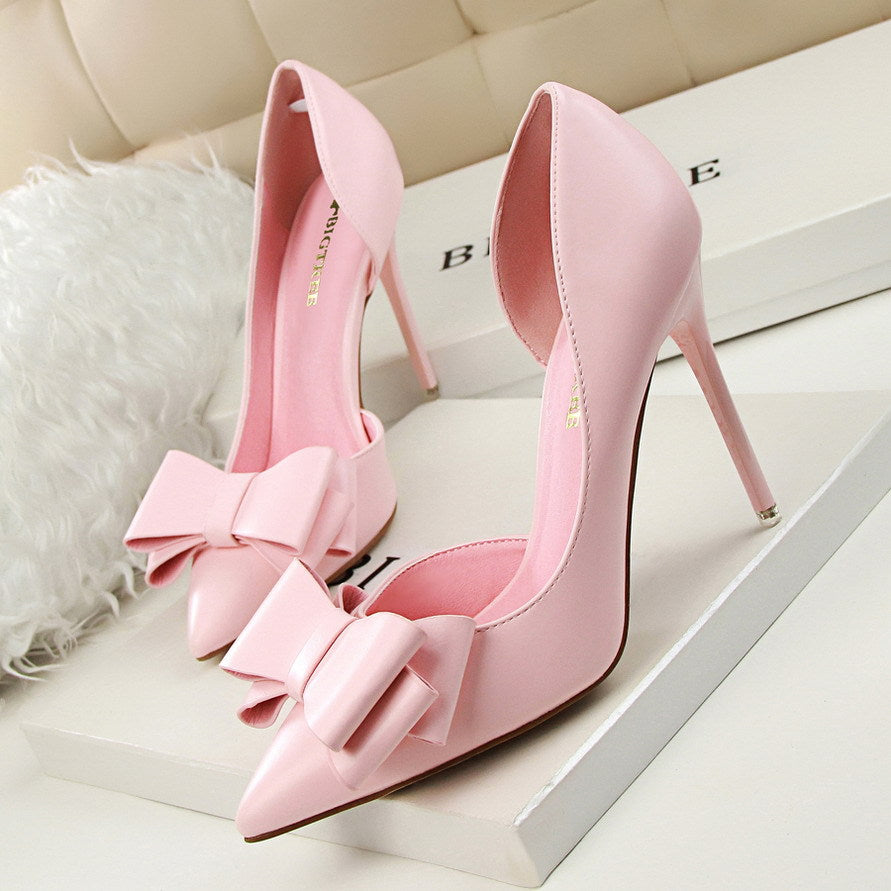 3168-2 Korean Fashion Delicate Sweet Bow High Heels Stiletto High Heels Shallow Mouth Pointed Side Hollow Single Shoes