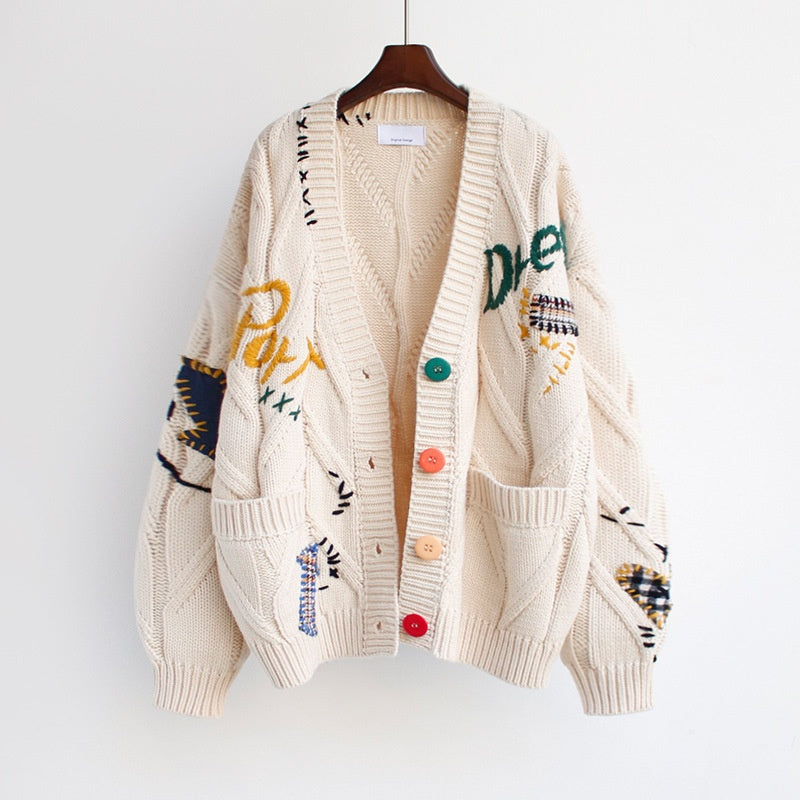 Embroidered Loose Knitted Cardigan