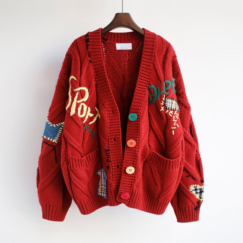 Embroidered Loose Knitted Cardigan