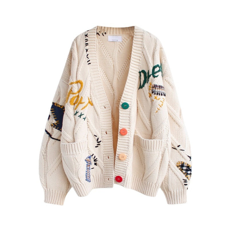 Embroidered Loose Knitted Cardigan