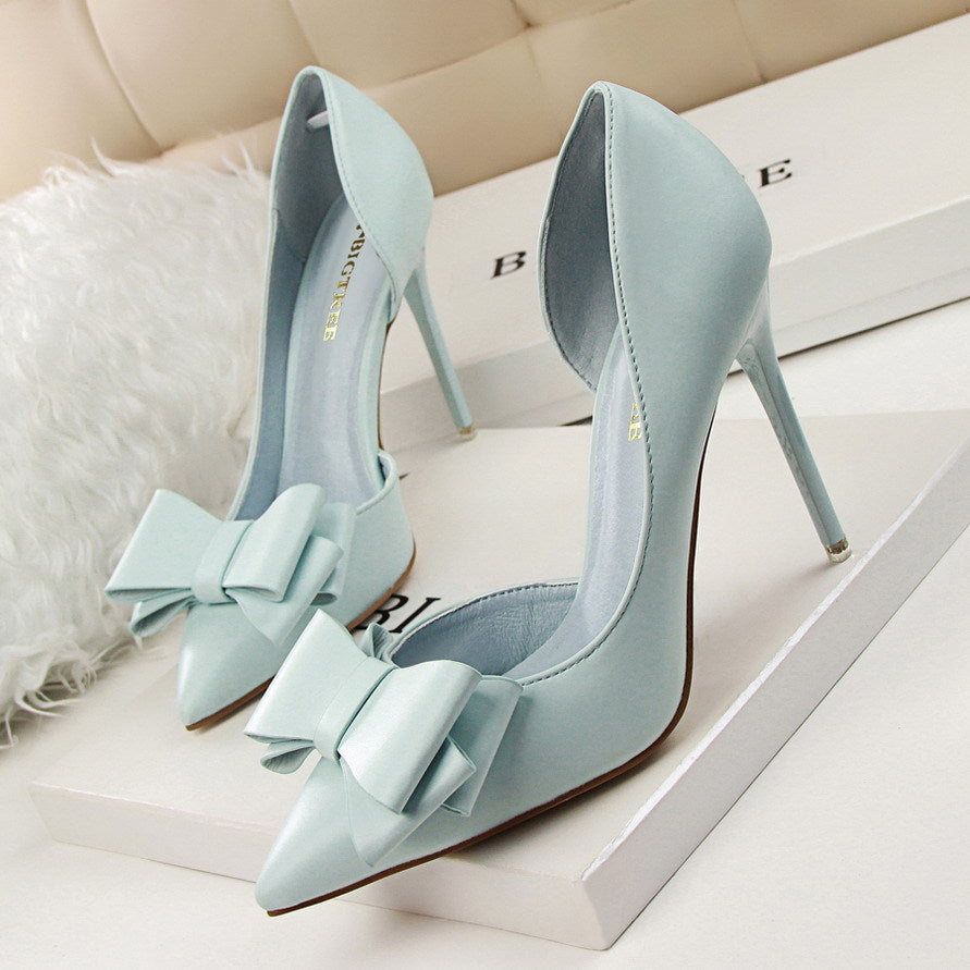 3168-2 Korean Fashion Delicate Sweet Bow High Heels Stiletto High Heels Shallow Mouth Pointed Side Hollow Single Shoes