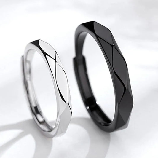 Black White Lozenge Adjustable Couple Rings Set